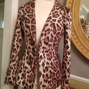 Leopard Print Open Blazer Jacket - Brown & Cream